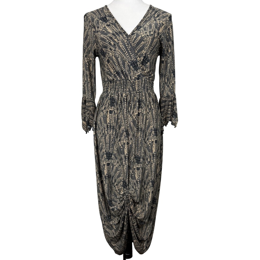 Sapogee Women Dress M Tan Black Geometric Leaf Smocked Waist Ruffle Bell Sleeve
